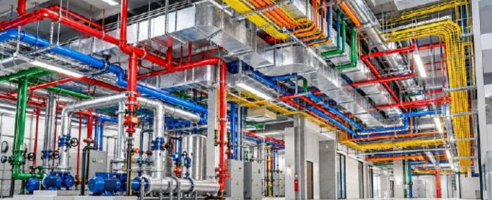 Colour-coded ductwork, pipework and cable tray installed in a ceiling void