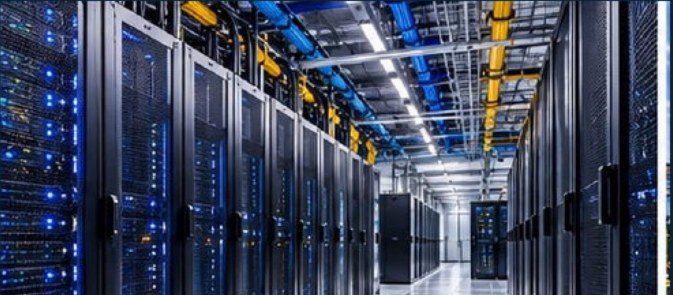 Data centre hall with server racks, overhead containment and cooling services