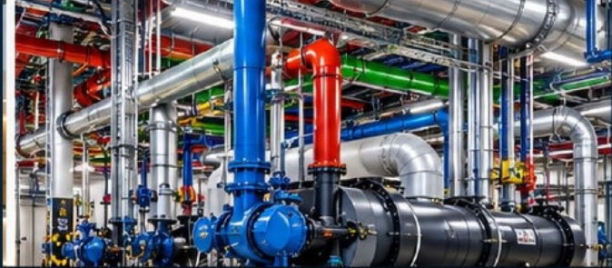 Industrial plant room with pipework and equipment