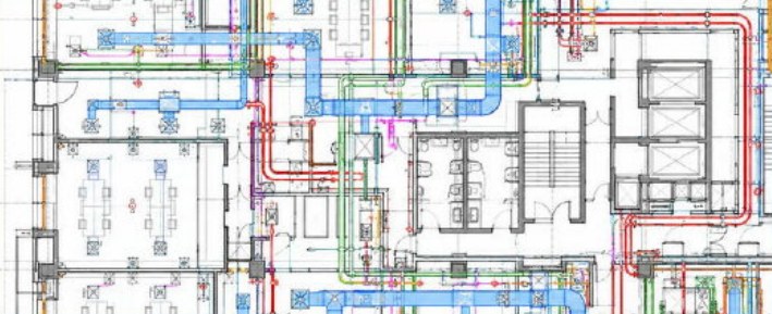 AutoCAD services layout drawing with ductwork and pipework runs on a floor plan