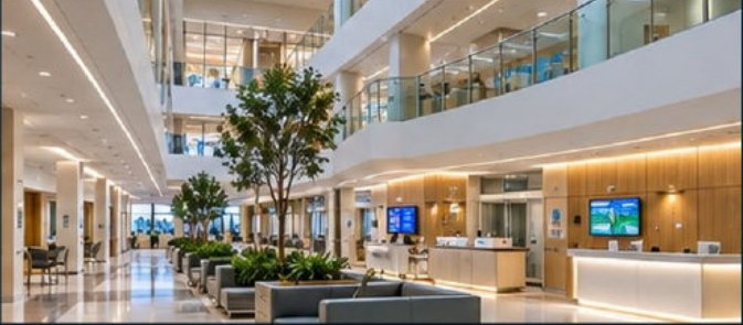Hospital atrium with glazed walkways and planting